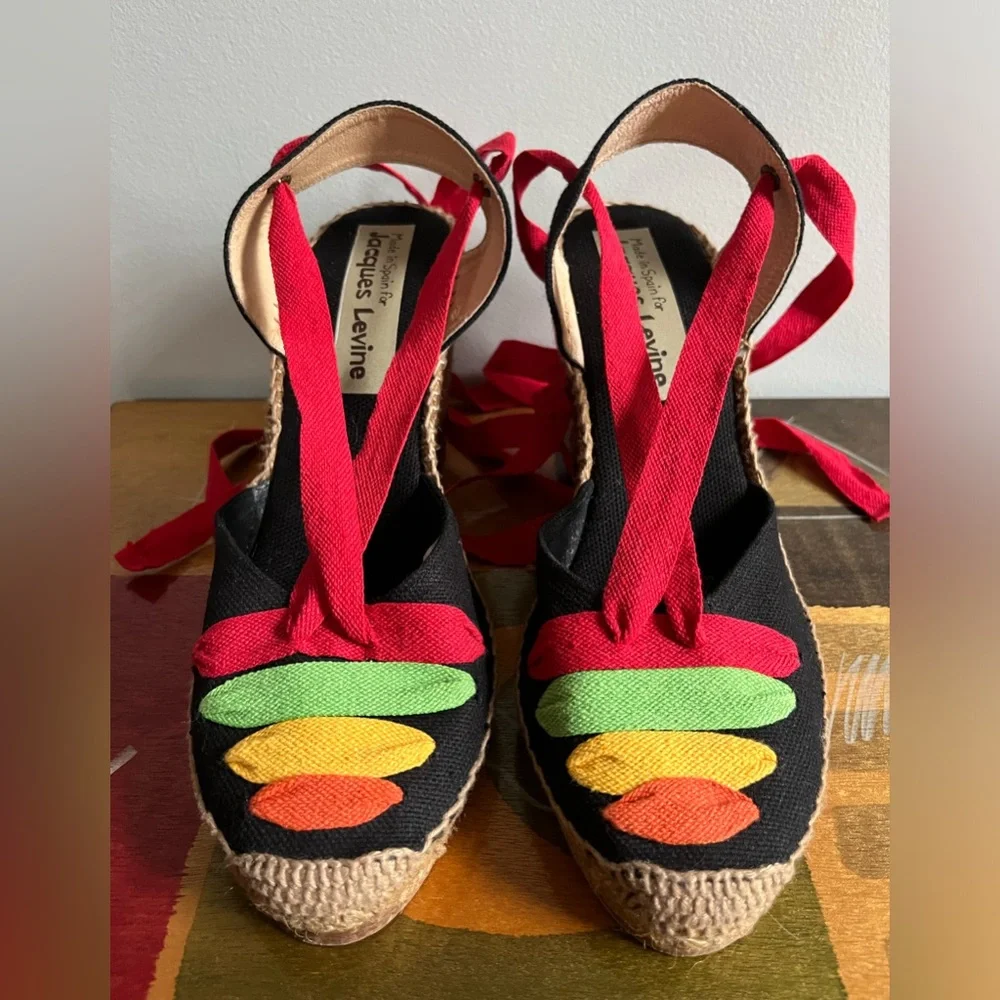 NEW Jacques Levine Ankle Wrap Black Espadrille Sandals. Size 7.